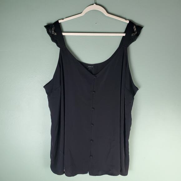 Torrid Womens Black Studio Crepe de Chine Lace Trim Button Front Tank Size 5 - Picture 1 of 6